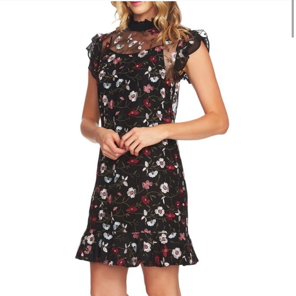 CeCe black sheer embroidered floral mini dress